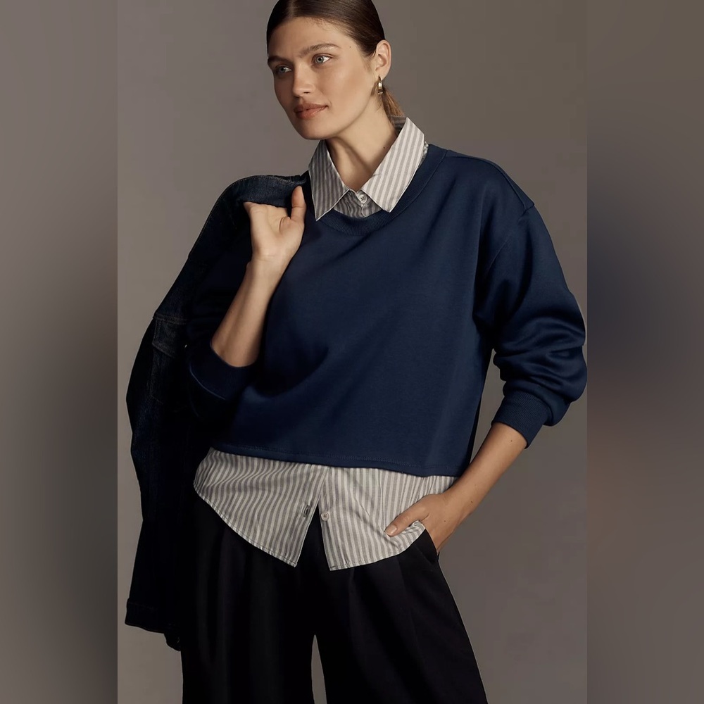 Maeve Layered Oversized Twofer Cotton Blend Sweatshirt, Size M